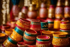 indiano Casamento decoração com colorida potes. gerado por IA foto