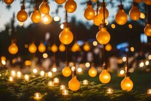 muitos amarelo luz lâmpadas suspensão a partir de a árvores gerado por IA foto