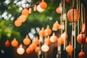 laranja papel lanternas suspensão a partir de uma árvore. gerado por IA foto