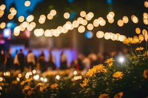 uma grupo do pessoas estão em pé dentro frente do uma jardim com luzes. gerado por IA foto