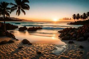 a Sol conjuntos em a de praia dentro a seychelles. gerado por IA foto