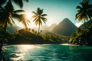 a Sol brilha sobre uma tropical ilha com Palma árvores gerado por IA foto