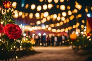 uma flor é dentro a meio do uma Sombrio área com luzes. gerado por IA foto