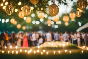 velas e lanternas estão suspensão a partir de árvores às uma casamento. gerado por IA foto