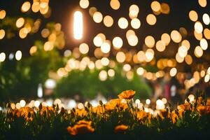 uma campo do flores com luzes dentro a fundo. gerado por IA foto