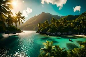tropical ilha com Palma árvores e água. gerado por IA foto