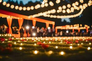 uma Casamento recepção com luzes e flores gerado por IA foto