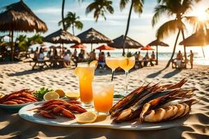 uma mesa com frutos do mar e bebidas em a de praia. gerado por IA foto