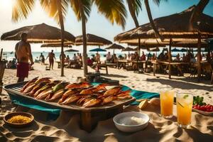 uma mesa com Comida em a de praia com pessoas dentro a fundo. gerado por IA foto