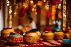 indiano Casamento decoração com colorida panelas e vasos. gerado por IA foto