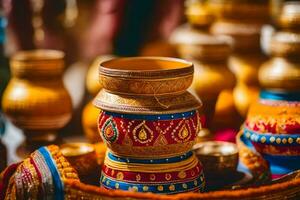 colorida de madeira taças e vasos em mostrar. gerado por IA foto