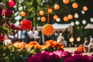 uma grupo do pessoas estão em pé por aí uma jardim com colorida flores gerado por IA foto