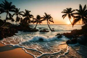 a Sol conjuntos em a de praia com Palma árvores e ondas. gerado por IA foto