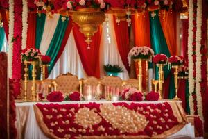 a indiano Casamento cerimônia com vermelho e ouro decorações. gerado por IA foto