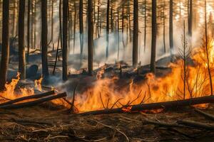 uma floresta fogo é queimando dentro a meio do uma floresta. gerado por IA foto