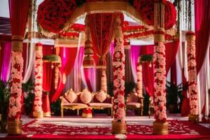 a indiano Casamento cerimônia com vermelho e Rosa decorações. gerado por IA foto