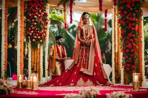 uma lindo indiano noiva e noivo dentro vermelho e ouro. gerado por IA foto
