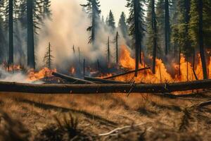 uma floresta fogo é queimando dentro a meio do uma floresta. gerado por IA foto