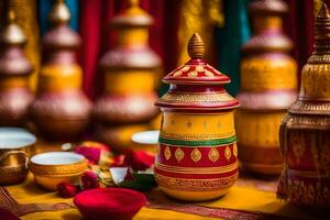 colorida vasos e taças sentar em uma mesa. gerado por IA foto