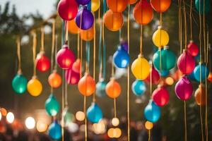 colorida balões suspensão a partir de uma árvore. gerado por IA foto