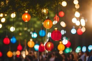 muitos colorida lanternas suspensão a partir de árvores gerado por IA foto