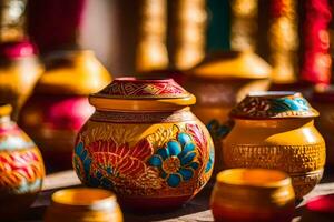 colorida vasos estão exibido em uma mesa. gerado por IA foto