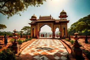 a Entrada para a Palácio do a marajá do udaipur. gerado por IA foto