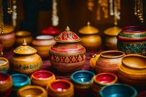 colorida panelas e vasos estão exibido em uma mesa. gerado por IA foto