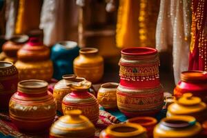 colorida panelas e vasos estão exibido em uma mesa. gerado por IA foto