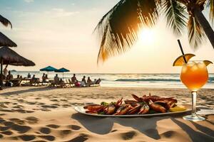 uma prato do Comida e bebidas em a de praia. gerado por IA foto