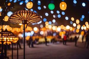 uma rua com muitos luzes e uma lâmpada. gerado por IA foto