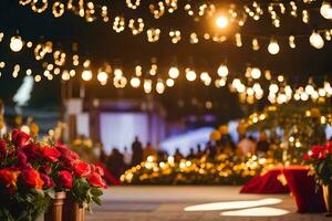 uma Casamento recepção com luzes e flores gerado por IA foto