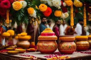 indiano Casamento decoração com colorida panelas e flores gerado por IA foto