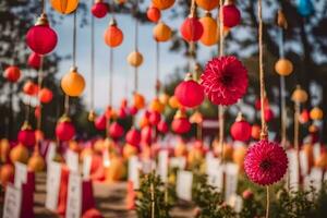 colorida suspensão decorações às uma casamento. gerado por IA foto