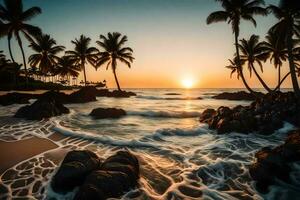 a Sol conjuntos sobre a oceano e Palma árvores gerado por IA foto