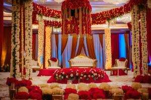 a indiano Casamento cerimônia com vermelho e branco decorações. gerado por IA foto