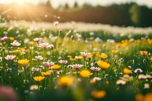 flores dentro uma campo às pôr do sol. gerado por IA foto