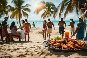 pessoas em a de praia com camarão em uma grade. gerado por IA foto