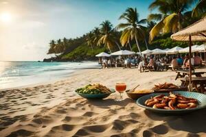 uma de praia com Comida e bebidas em isto. gerado por IA foto