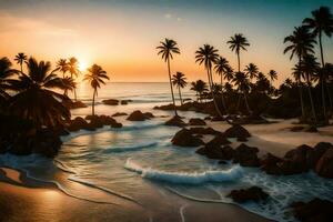 a de praia às pôr do sol com Palma árvores e pedras. gerado por IA foto