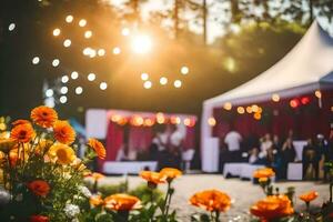 uma Casamento recepção com laranja flores dentro a primeiro plano. gerado por IA foto