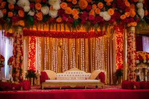 a indiano Casamento etapa decorado com vermelho e laranja flores gerado por IA foto