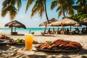 uma de praia com uma grade, bebidas e Comida. gerado por IA foto