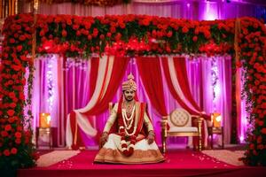 uma homem dentro uma tradicional indiano Casamento equipamento senta em a chão. gerado por IA foto