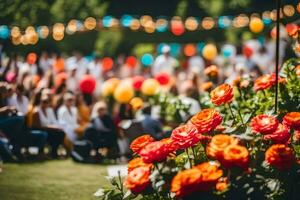 uma ampla multidão do pessoas às a ao ar livre casamento. gerado por IA foto