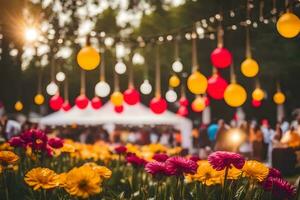 colorida balões e flores dentro uma parque. gerado por IA foto