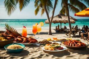 uma mesa com Comida e bebidas em a de praia. gerado por IA foto