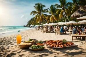 uma de praia com Comida e bebidas em isto. gerado por IA foto