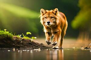 uma Lobo caminhando através uma rio dentro a floresta. gerado por IA foto