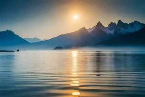 a Sol sobe sobre uma montanha alcance dentro a distância. gerado por IA foto